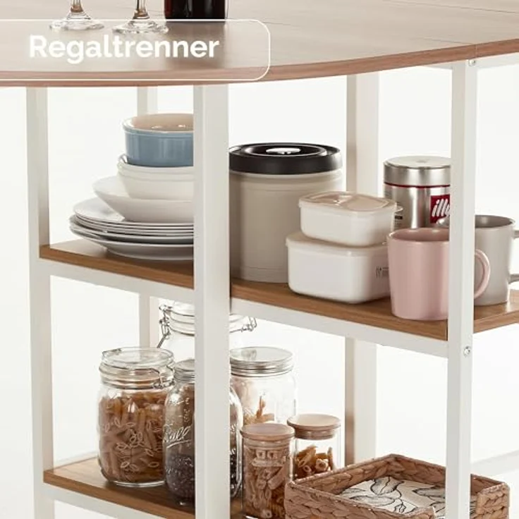 Mondeer Mobiler Klappbarer Esstisch, Klapptisch mit 2 Offenen Ablagen, Rundes Kanten Design, Kleine Räume Esszimmer Küche, 120 x 80 x 75 cm, Eiche und Weiß – Bild 7