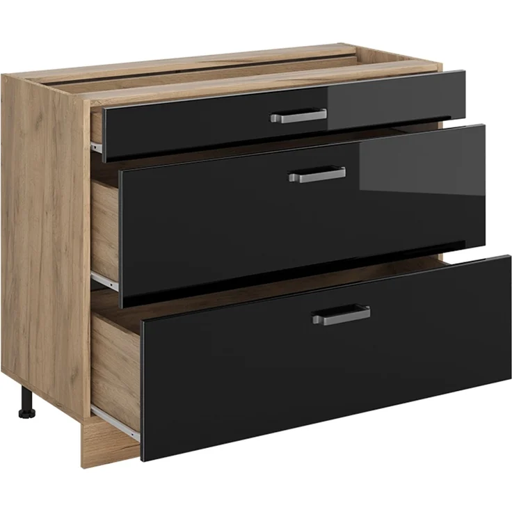 Küchenunterschrank R-Line Schwarz Hochglanz/Goldkraft Eiche 100 cm Arbeitsplatte Goldkraft Eiche Vicco – Bild 3