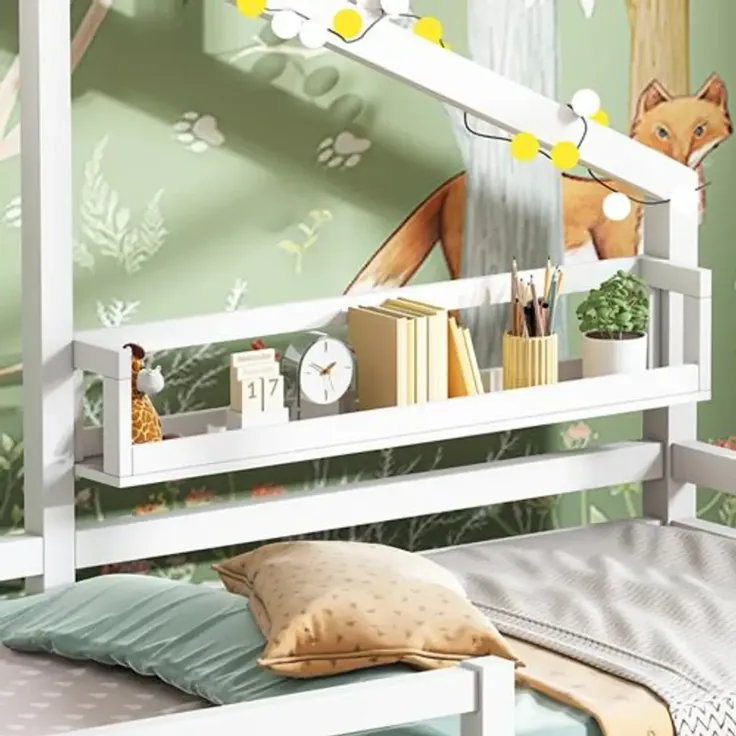 Kinderbett, Hausbett mit Rausfallschutz, Lattenrost und Regal, 90x200 cm, Einzelbett, Holzbett – Bild 5