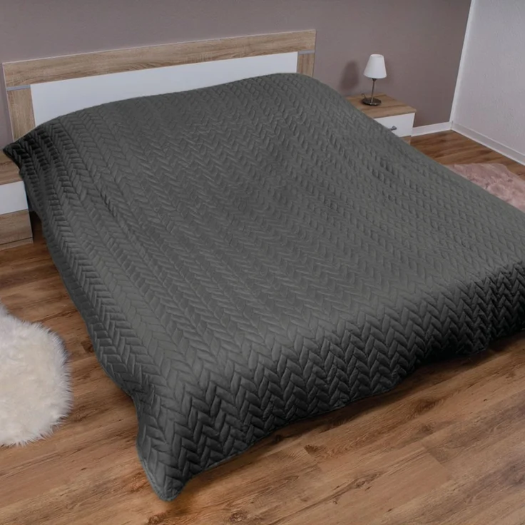 Tagesdecke XXL (220x240 cm) mit wattierter Zwischenlage (Anthrazit) Bettüberwurf - ÖKO-Tex 100, Sommerdecke gesteppt - Steppdecke, Wendedecke – Bild 1