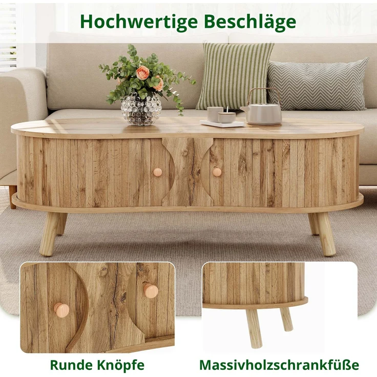 Couchtisch B 108 x T 50 x H 37 cm, mit 2 Schiebetüren, MDF in Holzoptik, Massivholzbeine – Bild 9