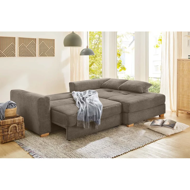 Ecksofa-Dauerschläfer Federkern Couch seitenverkehrt Bettkasten Cord Braun Taupe – Bild 3