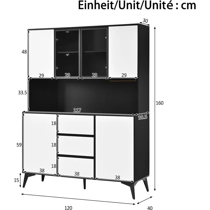 Hochschrank, Vitrine, Anrichte, Sideboard, Esszimmerschrank, Wohnzimmerschrank, Schwarz-Weiß Optik, Küchenschrank, Vitrine mit Glasfront,3 Schubladen, goldener Gläserhalter, per App farbverstellbare L--Schwarz, Weiß--120x40x160cm--YOUDENOVA – Bild 3