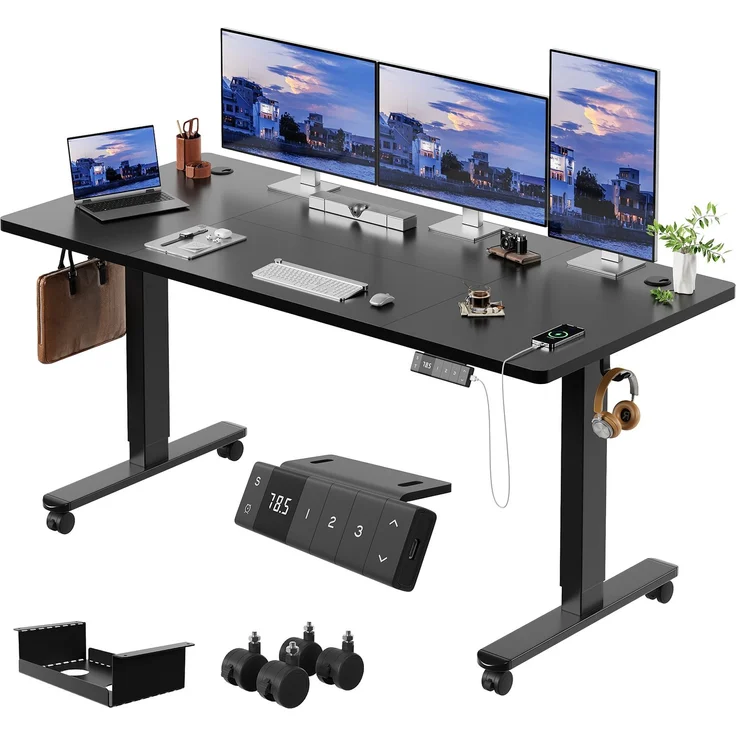 Devoko Höhenverstellbarer Schreibtisch Holzwerkstoff und Metall Schwarz 160 x 80 x 72-118 cm – Bild 2