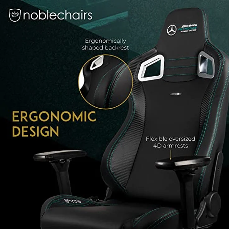noblechairs Epic Gaming Chair, Bürostuhl Ergonomisch, Schreibtisch Stuhl, Gaming Stuhl, PU Leder Hybrid Bezug, Belastbarkeit 120, Mercedes AMG Petronas, Formula One Team 2021 Edition – Bild 5