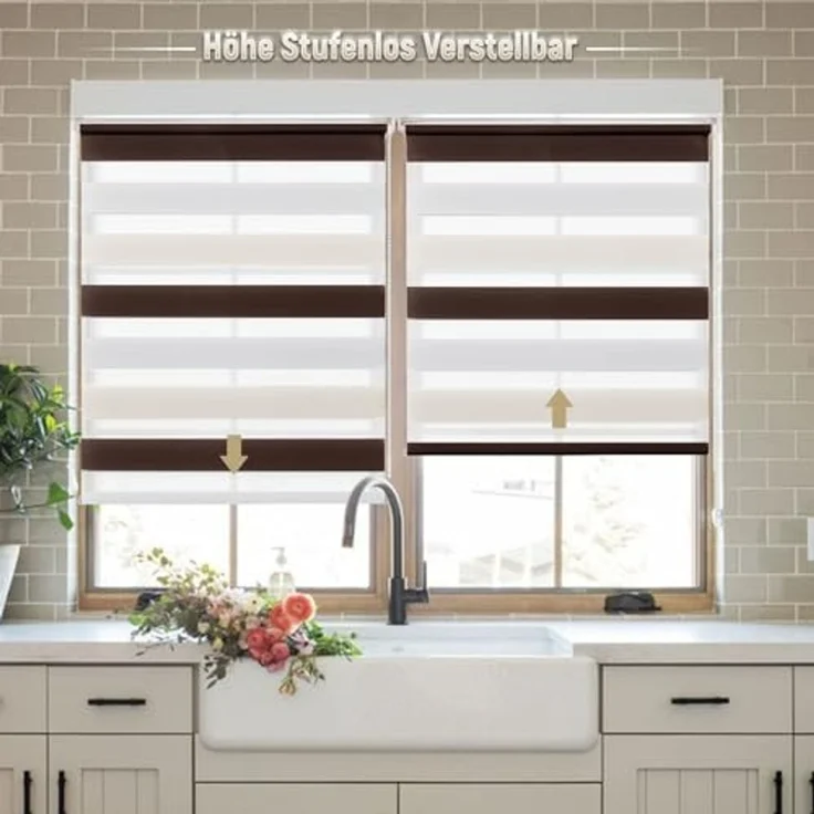 Deswell Doppelrollo Klemmfix ohne Bohren Weiß-beige-braun B50 x H150 cm (Stoffbreite 46cm) Rollos für Fenster ohne Bohren für Fenster mit Lichtdurchlässig & Verdunkelnd/Höhe Stufenlos Verstellbar – Bild 2