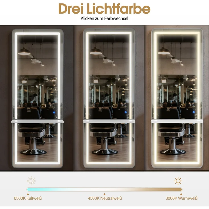 BarberPub Wandspiegel mit Beleuchtung, Ganzkörperspiegel mit Aluminiumrahmen, Großer Spiegel mit Ablage, Touch-Schalter, 3 Lichtfarben Dimmbar, für Friseursalon, 17x65x177 cm, J6271 (Weiß-Silber) – Bild 4