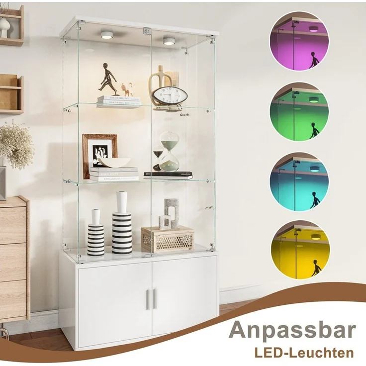 Simurq Glasvitrine Standvitrine aus Glas mit LED, Vitrinenschrank Schrank für Sammlung (Glas Vitrine mit 2 Glastür und 3 Lagen, Glasschrank mit Schloss) Vitrine aus Glas, perfekt für Sammler, Sammelvitrine – Bild 3