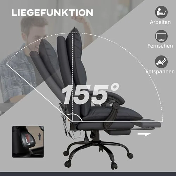 Vinsetto Massage-Bürostuhl mit Heizfunktion und Fußstütze, ergonomischer Gaming Stuhl mit 6 Vibrationsmassagepunkten und 5 Massagemodi, schwarz – Bild 7