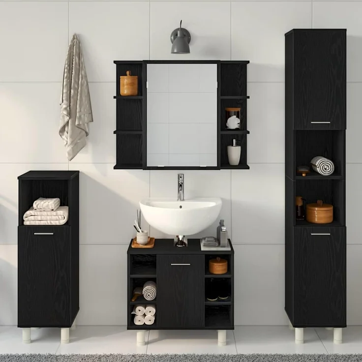 vidaXL Badezimmermöbel-Set mit Regal 4 pcs Schwarz 30 x 30 x 179,5 cm 3333047 – Bild 3