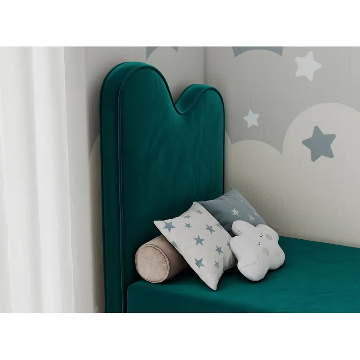 Kinderbett FLOW, Boxspringbett für Kinder, mit hohem Kopfteil, Einzelbett mit Matratze - 90x160 - Dunkelgrün Velours - Topper Visco