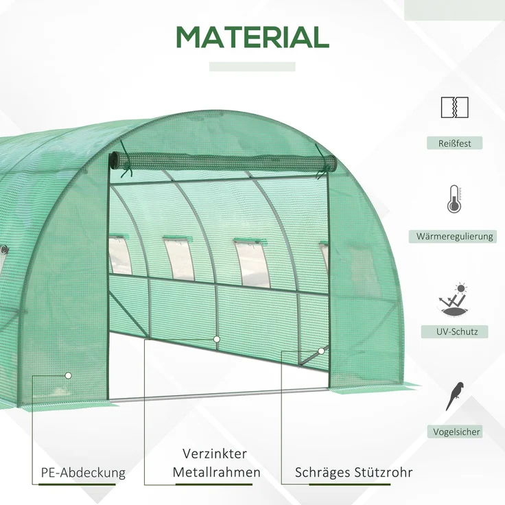 Wohnora-Gewächshaus ca 6 x 3 x 2 m Foliengewächshaus mit 8 Fenster, Rolltür, Aufrollbar Seitenwänden, UV-beständiger Folientunnel, Winterfest Tomatenhaus mit Erdanker, Grün,H 200cm x T 590cm x B 300cm – Bild 3