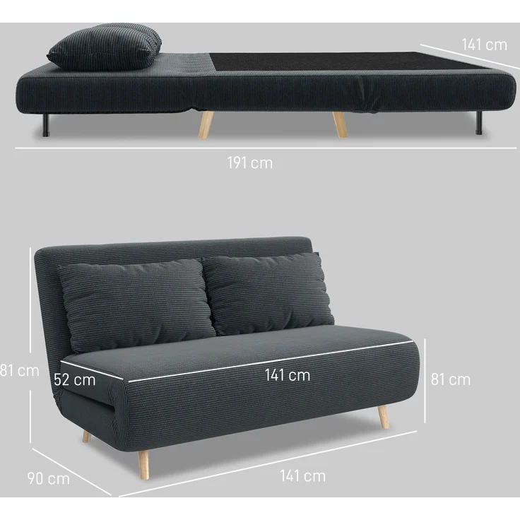 Schlafsofa, Gästebett, 3-fach verstellbare Rückenlehne, Kordoptik, bis 120 kg, 141 x 90 x 81 cm, Dunkelgrau--Dunkelgrau--141x90x81cm--YOUDENOVA – Bild 5