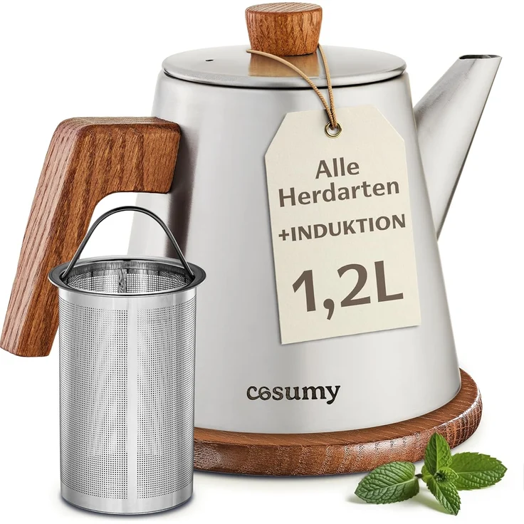 Cosumy Teekanne mit Siebeinsatz und Untersetzer - Edelstahl & FSC Holz - Induktion, 1,2 l, (Set, 1-St, Teekanne mit Siebeinsatz und Untersetzer), Kanne mit Sieb für Tee - Induktion - Tropffrei - Hält lange warm – Bild 1
