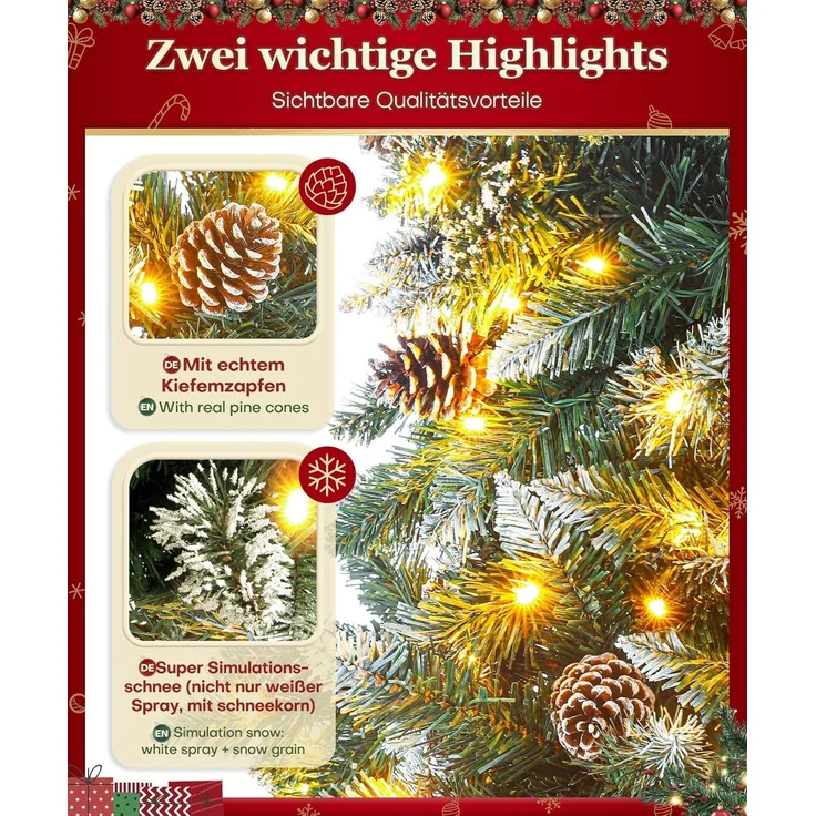 Yorbay Künstlicher Weihnachtsbaum Künstlicher Tannenbaum mit LED Beleuchtung, Schnee, Kiefernzapfen, 150 / 180 / 210 cm auswählbar, mit Ständer, Weihnachtsbaum Christbaum für Weihnachten-Dekoration – Bild 3