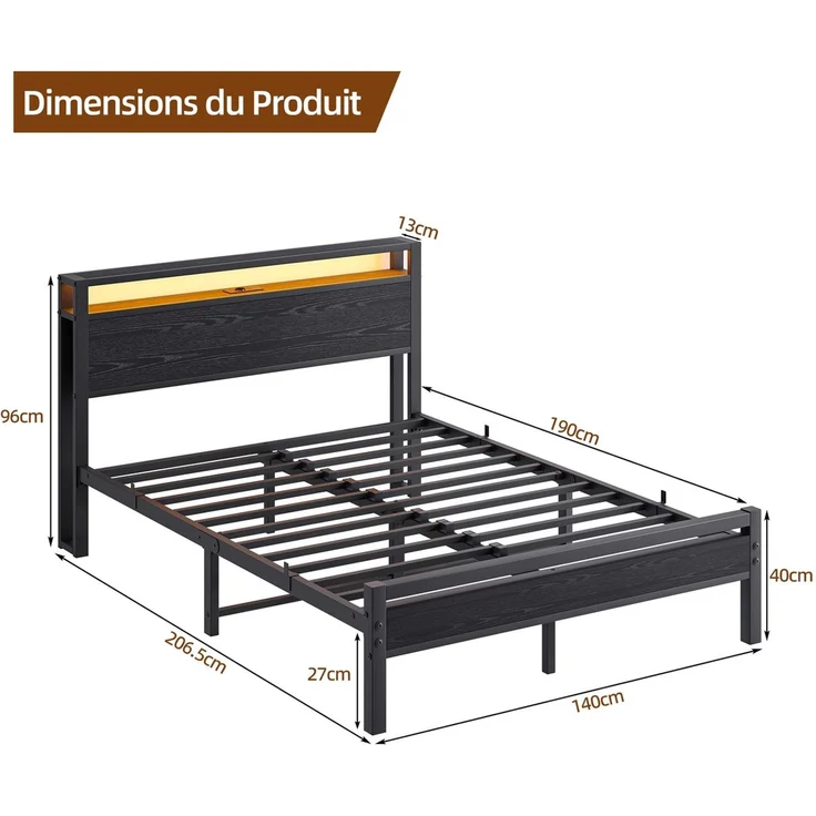 Homerecommend Metallbett 140x200 cm, Doppelbett und Jugendbett, mit LED-Beleuchtung, Steckdose und 2 USB-Anschlüssen, Vintage Schwarz – Bild 2