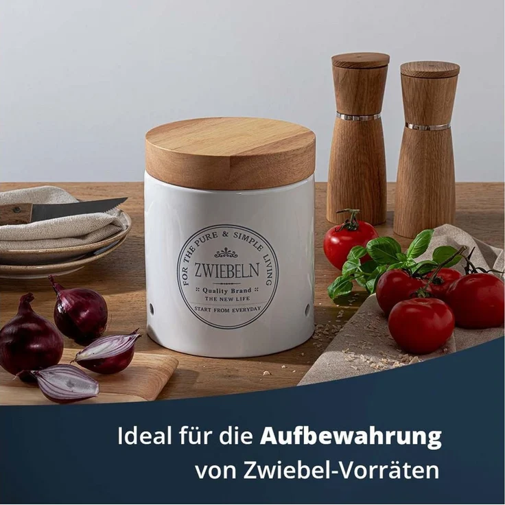 KHG Zwiebeltopf Keramik Steingut Weiß Holzdeckel Bambus, Zwiebel Aufbewahrung für 1kg oder Kapazität 3 Liter, Zwiebeldose rund, atmungsaktiven Luftlöcher & Beschriftung, spülmaschinengeeignet – Bild 2