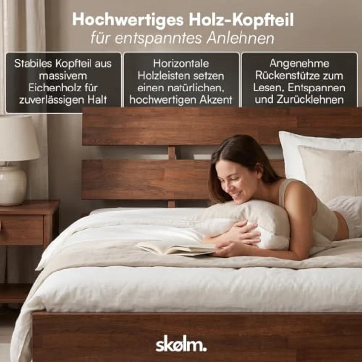 skølm Floki Massivholzbett 180x200 cm aus Eiche - hochwertiges Bettgestell in Walnussoptik - Bettrahmen mit Bettkopf - Holzbett in Natur geölt - Bett geeignet als Doppelbett - Futonbett Schlafzimmer – Bild 6