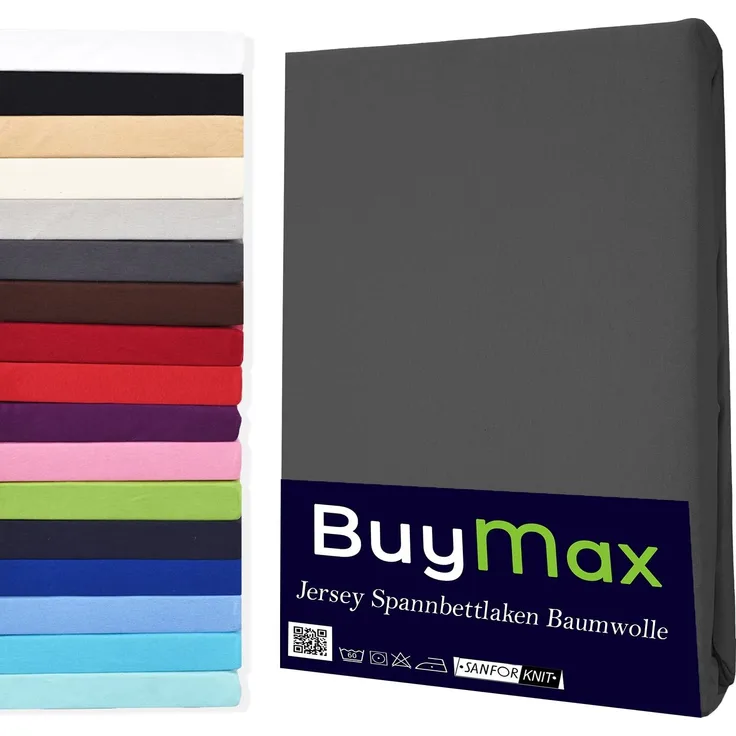 Buymax Spannbettlaken 180x200 cm Baumwolle 100% Spannbetttuch Bettlaken Jersey, Matratzenhöhe bis 25 cm, Farbe Anthrazit