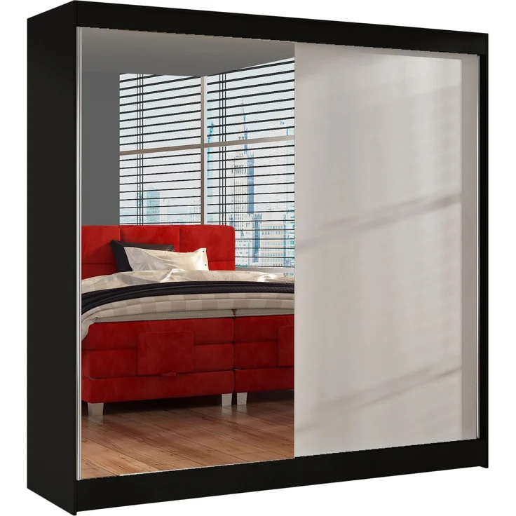Schwebetürenschrank Basti I 200 cm mit Spiegel - Kleiderschrank, Schiebetürenschrank mit Kleiderstange und Einlegeboden, Schlafzimmerschrank, Schiebetüren, 200x215x58 cm (Schwarz/Weiß) – Bild 1