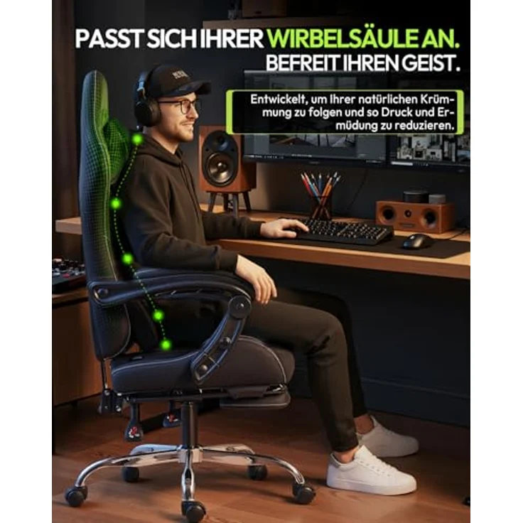 Dowinx Gaming Stuhl Bürostuhl Massage Gaming Sessel mit höhenverstellbaren Linkage-Armlehnen, ergonomischer Gamer Stuhl mit Fußstütze, gepolstert Gaming Chair 150° neigbar bis 180 kg, Schwarz – Bild 9
