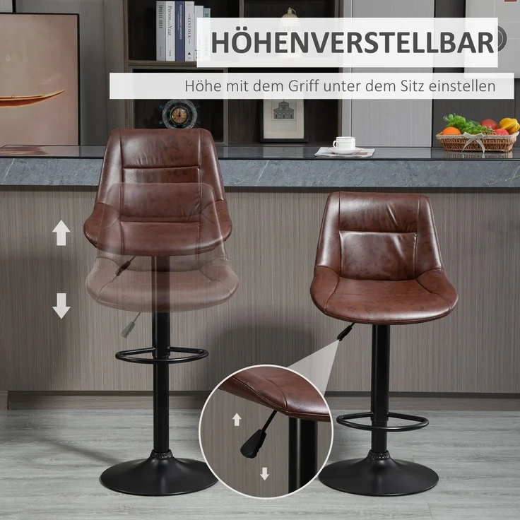 2er-Set Barhocker Barstühle, höhenverstellbar, inkl. Fußstütze, 46,5 cm x 50 cm x 108 cm, Schwarz + Braun--Braun--108x50x46.5cm--YOUDENOVA – Bild 6