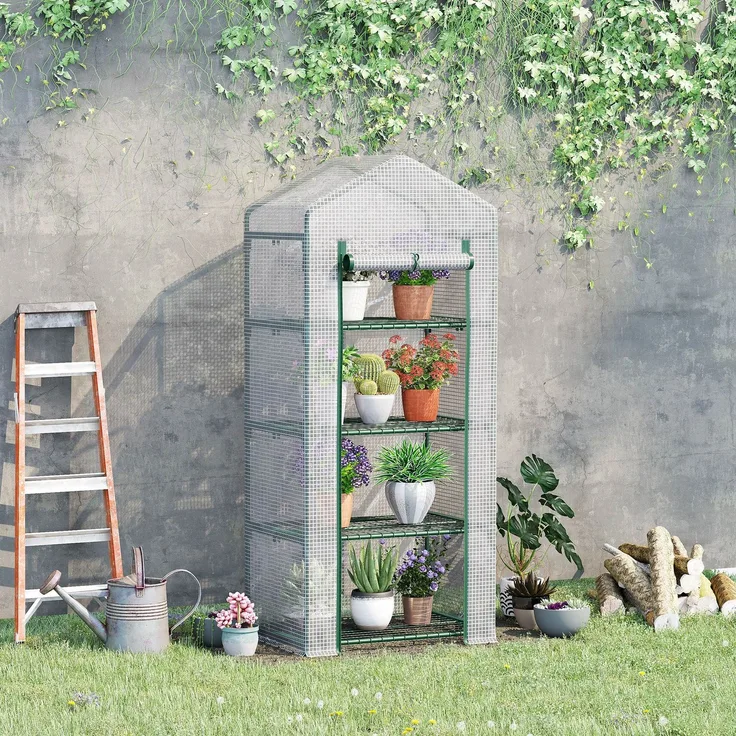 Wohnora-Gewächshaus aus Polyethylenfolie mit 4 Regalböden, Balkongewächshaus, verstärkter Folie (140 g/m²), Stahlrahmen, aufrollbarer Reißverschlusstür, für Gemüse und Pflanzen, für drinnen und draußen geeignet, 70 x 50 x 160 cm, weiß,H 1600cm x T 700c...