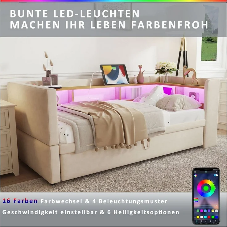 Odikalo Ausziehbett Polsterbett Jugendbett Stauraumbett Schlafsofa 90/180x190 Ablagefach – Bild 4