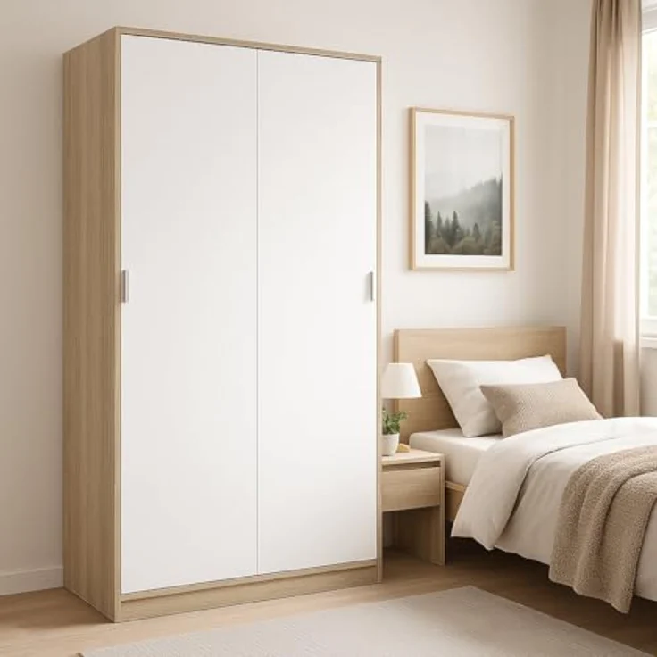 Dmora - Kleiderschrank 2 Türen Waterbury, Schlafzimmerschrank, Schrank mit 4 Regalen und Kleiderstange, 120x50h200 cm, Eiche und Weiß – Bild 8