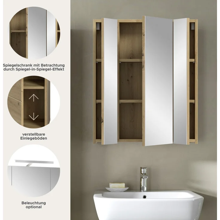Spiegelschrank (B/H/T: 60x70x18 cm) in Artisan Oak Nachbildung und Artisan Oak Nachbildung – Bild 7