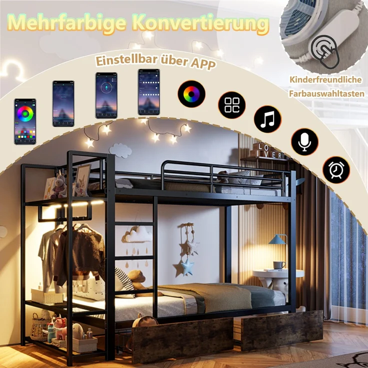 Etagenbett mit Schubladen, RGB LED-Streifen, Kleiderstange, Regal, Lattenrost und Leiter, 90x200 cm, Kinderbett mit Rausfallschutz, Metallbett – Bild 4