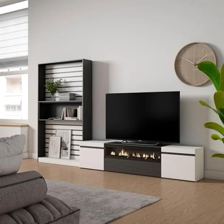Skraut Home TV-Möbel | Esstisch-Set | 210 x 186 x 35 cm | für Fernseher bis 80 Zoll | elektrischer Kamin | moderner Stil | Schwarz und Weiß – Bild 2