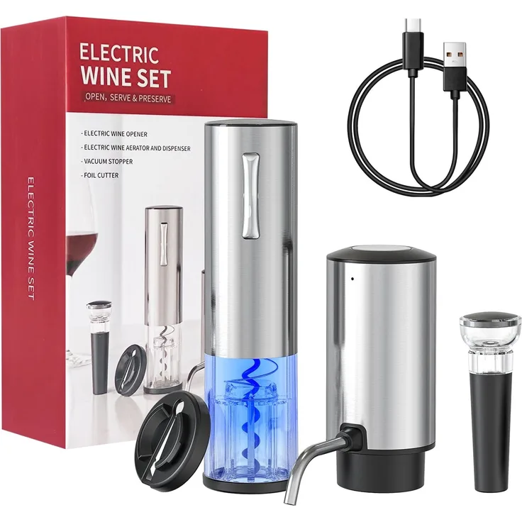 Todeco Elektrischer Weinflaschenöffner Set, 4-in-1 Weinöffner Set mit Wiederaufladbarer Korkenzieher, Automatischer Weinbelüfter, Folienschneider und Vakuum Weinstopfen, Geschenkset für Weinliebhaber