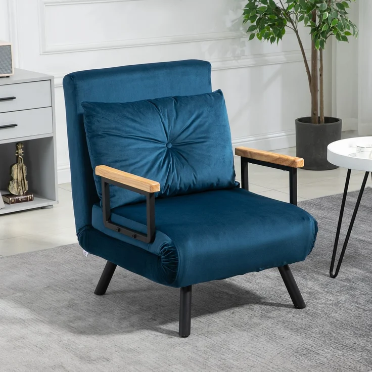 HOMCOM Relaxsessel mit Bettfunktion, Polstersofa mit verstellbarer Rückenlehne, Gästebett, Blau Samt, 63 x 73 x 81 cm – Bild 7