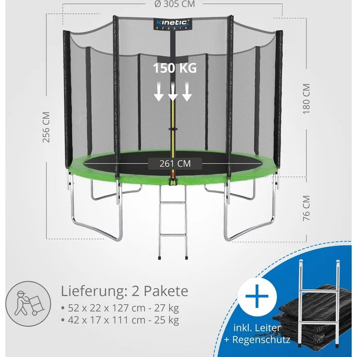 KINETIC SPORTS Trampolin Outdoor 'Salto Plus' - Komplett-Set für Kinder, USA Sprungtuch, Netz, Randpolster, Leiter, Grün-2, Ø 305 cm – Bild 7