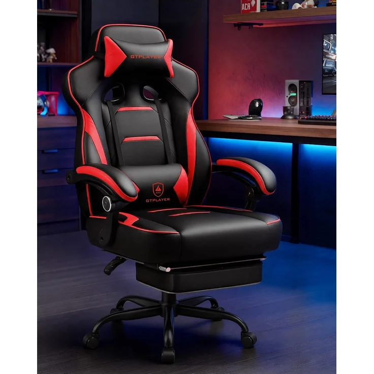 GTPLAYER Gaming Stuhl mit Fußstütze, Ergonomischer Bürostuhl 180kg, Schwerlast Gaming Sessel mit Lendenwirbelstütze und Kopfstütze, Höhenverstellbarer Computerstuhl, Gepolstert, neigbare 155°, ROT – Bild 12