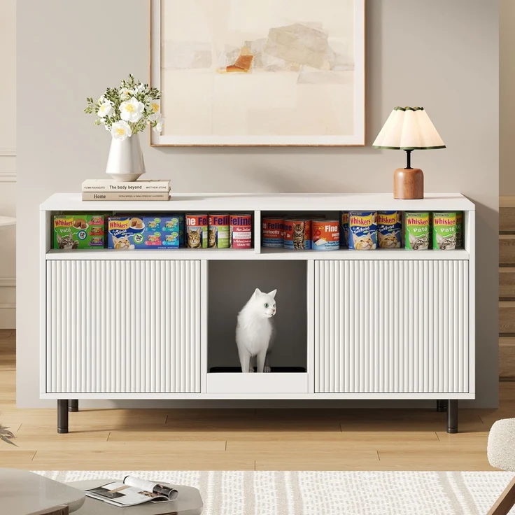 Katzentoiletten-Schrank/Katzenstreuwanne-Schrank mit Sandauffangmatte, Haustier-Schrank mit Ablage, Haustier-Sideboard/TV-Schrank, ohne Katzenstreuwanne, 120 x 50 x 66 cm, Weiß – Bild 3