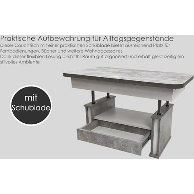 designimpex Couchtisch Design DA-555 Schublade höhenverstellbar ausziehbar Tisch abgerundet – Bild 6