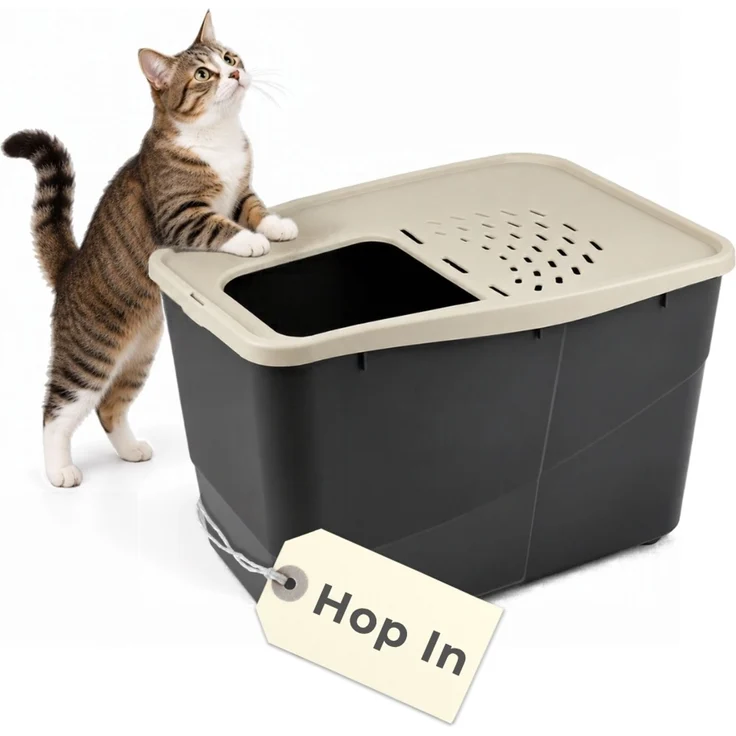 Hop In Katzenklo XXL große Katzen Klo Hoch Katzentoilette geschlossen Katzenklo mit Deckel Katzentonne Oben Einstieg Katzen WC Top Eingang Katzentoilette hoher Rand – Bild 1