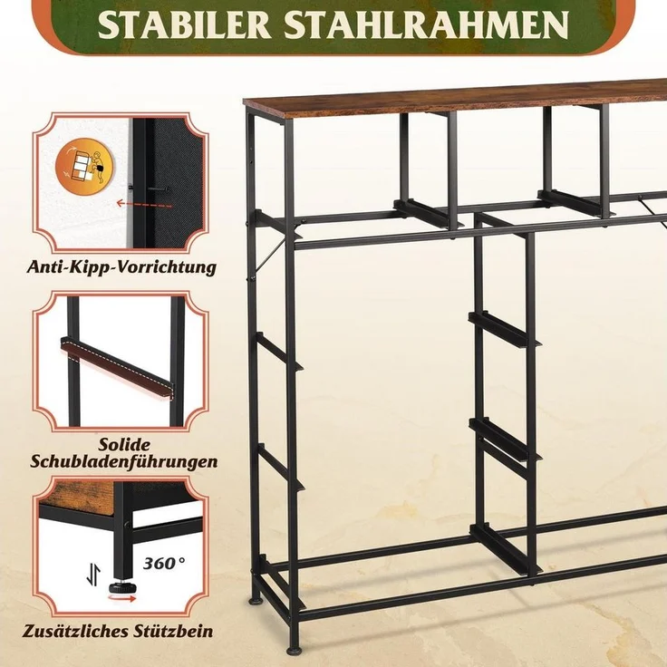 WLIVE Kommode kleiderschrank, 9 Schubladen mit Griffen, (Stauraumschrank Kommode mit Stoffschubladen), Modernes Sideboard, 100 × 30 × 102 cm, Vintagebraun-Schwarz – Bild 2