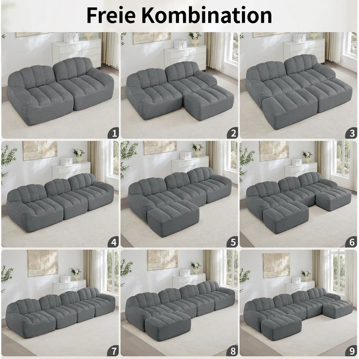DESVIAE Sofa 3-Sitzer modular mit Ottoman, Granulatfleece, Grau, 288 x 104 x 79 cm – Bild 6
