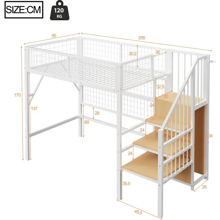 EINHOM Eisenbett, Etagenbett, Hochbett 90 x 200 cm, Geeignet für Kinder und Jugendliche Vielseitiges, Metall-Hochbett mit APP-gesteuerten LED-Lichtleisten Treppe mit Stauraum, Offenem Kleiderschrank Schwarz Weiß (Ohne Matratze) – Bild 2