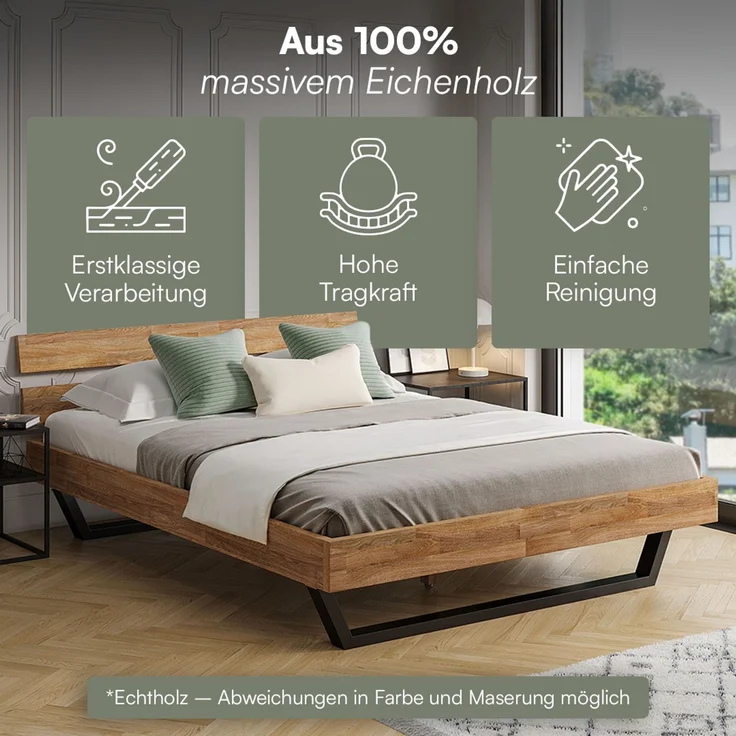 skølm 'Alver' Bett 160x200 cm, Bettgestell, natur geölt, Massivholzbett aus Eiche mit Metallkufen, Doppelbett mit Streben Bettkopf – Bild 3