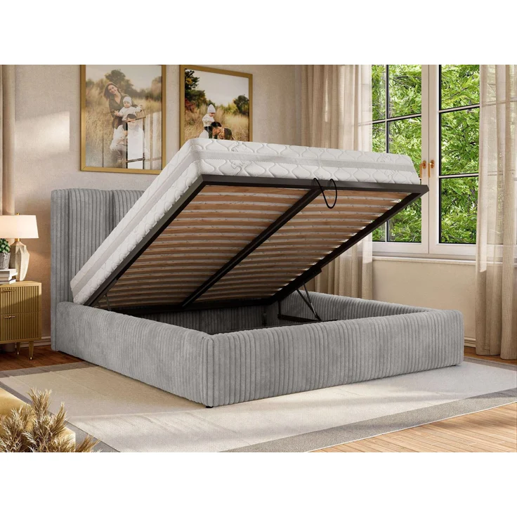 Polsterbett SAVINO CLASSIC mit Bettkasten und Lattenrost Doppelbett 140 x 200 cm mit hohem Kopfteil Stauraumbett Bett mit Gasdruckfeder - Hellgrau Cord - Foam Matratze - MIRO LUX – Bild 4