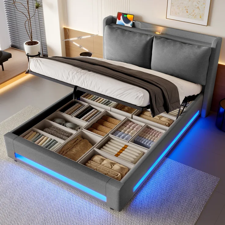 LVHOM Polsterbett 140x190cm mit LED&USB, Doppelbett mit Stauraum, Stauraumbett mit abnehmbaren Kissen, Bettgestell Massiv, Samtstoff, Grau