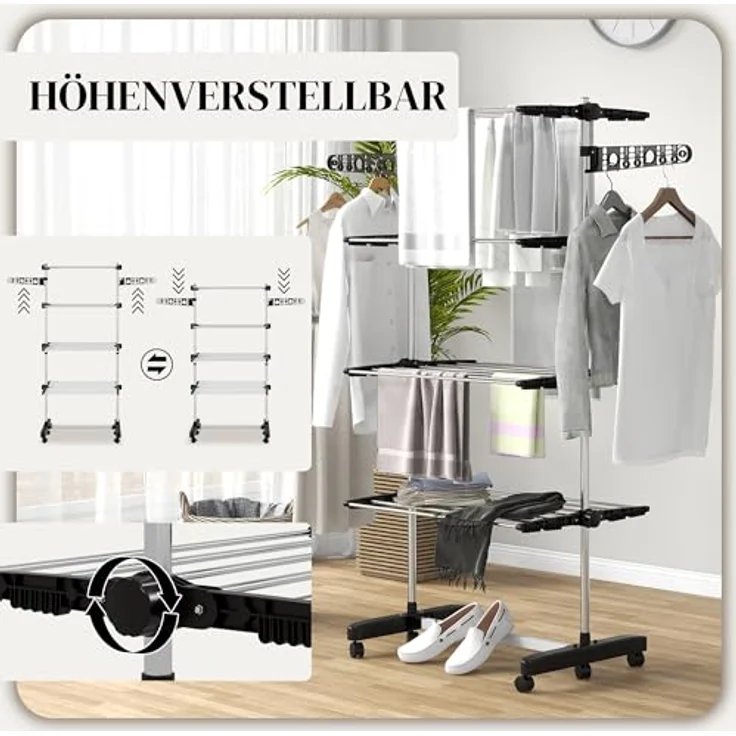 HOMCOM Wäscheständer Trockenständer mit Rollen, Wäscheturm für Indoor, Outdoor, Edelstahl, 142 x 55 x 172 cm, Schwarz – Bild 4