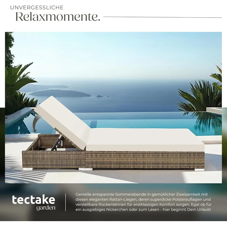 tectake 2er Lounge Sonnenliegen Set Plus Tisch – inkl. 2 Bezugsets und Schutzhülle, Outdoor Poly Rattan Gartenmöbel Set, 2X Gartenliege wetterfest - Natur – Bild 4