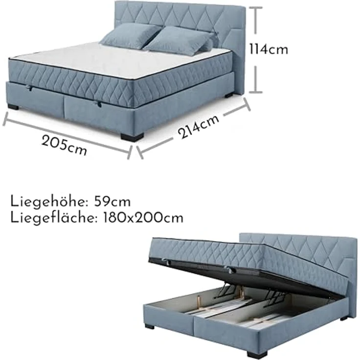 NAGOL B Boxbett 180x200, Denim - Bequemes Doppelbett mit Bettkasten und Premium 9-Zonen-Federkern Wendematratze - 205 x 114 x 214 cm (B/H/T) – Bild 4