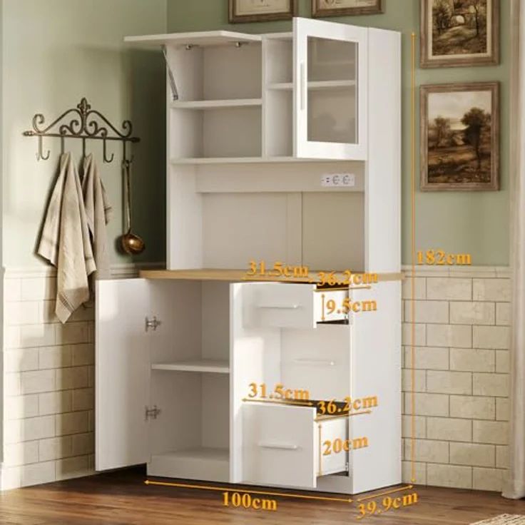 JUMMICO Buffetschrank, 100 x 40 x 182(H) cm, Küchenschrank mit 2 Steckdosen und LED Streifen 3000K, Küchenbuffet mit verstellbaren Einlegeboden und Arbeitsplatte 24 mm, Weiß – Bild 2
