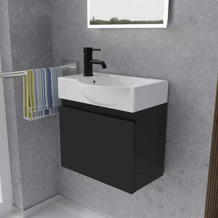 Alpenberger Badmöbel-Set - Gäste WC Waschbecken mit Unterschrank 45 cm Breit, (Badschrank 2-tlg, Waschtisch hängend), Waschbeckenunterschrank mit Softclose - Schwarz - Rechts Becken – Bild 2